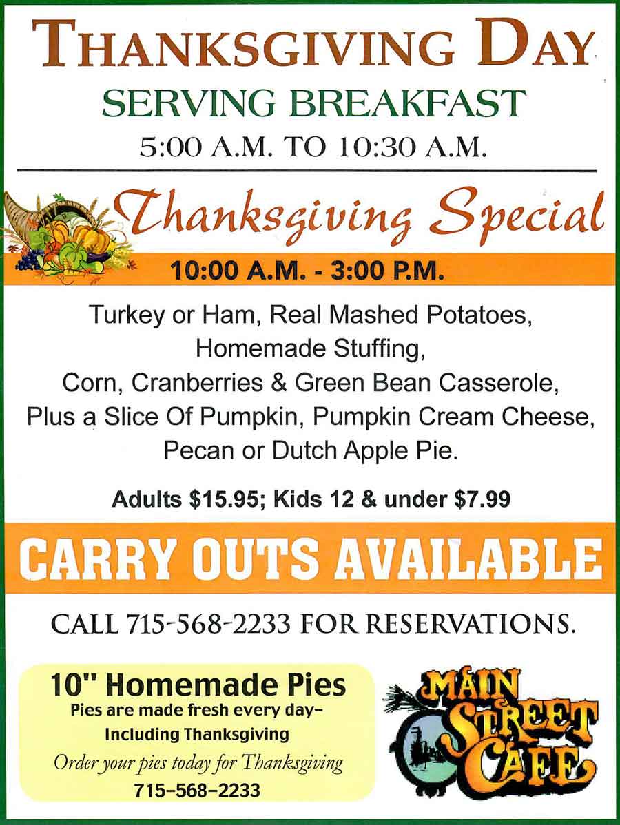 Main Street Cafe Thanksgiving Day Special 2024